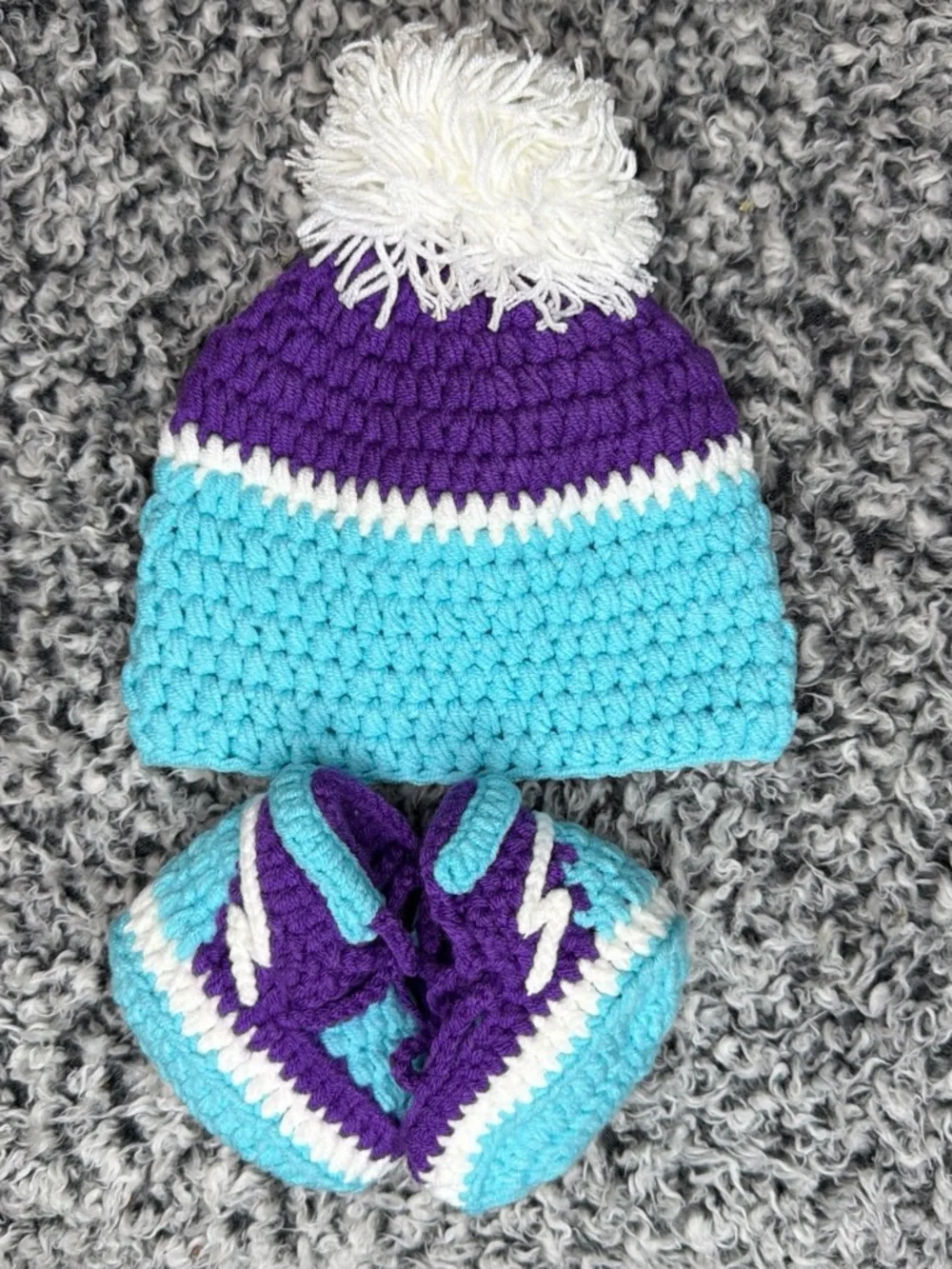 Kids Knit Beanie & Booties Set in Purple, Turquoise & White